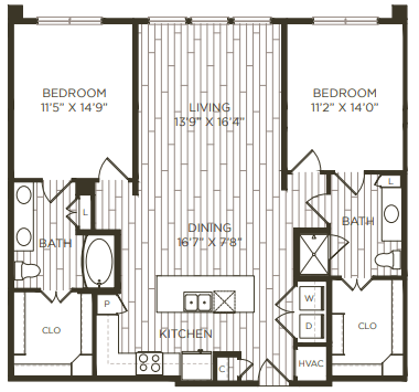 2 bedroom 2 bathroom floor plan E at Station at Old Town, Lewisville, TX, 75057
